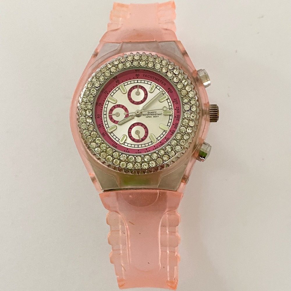 Vintage Pink Water Resistant Rubber Watch with Crystals